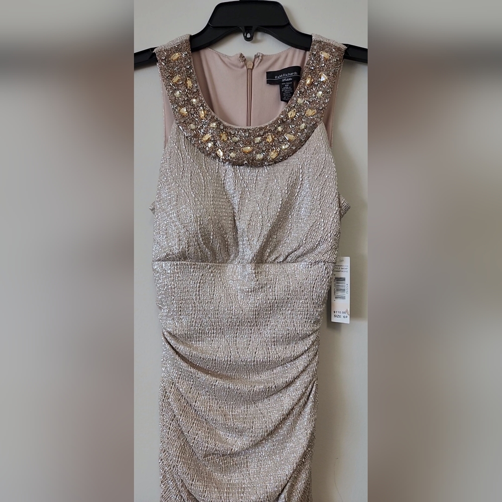 Champagne prom/eveningwear mermaid style full length w/ bedazzled scoop neckline